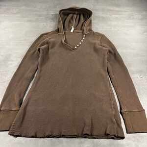 Old Navy Womens S Brown Waffle Knit Thermal Hoodie Button V-Neck Elena‎ Gilbert